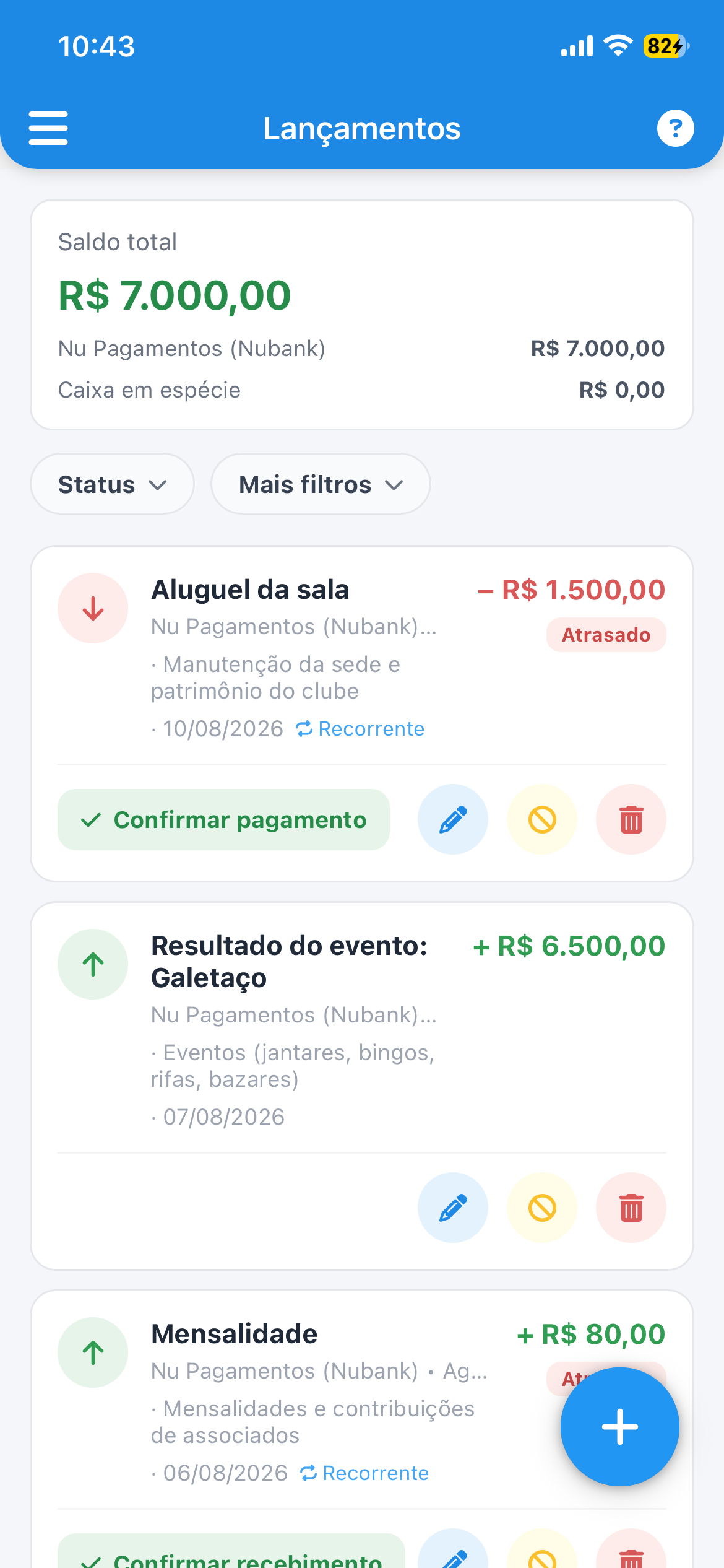 Lançamentos financeiros do clube no WheelShare, com mensalidades e resultado de evento